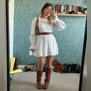 Dissh Linen White Smocked Dress with Puff Sleeves